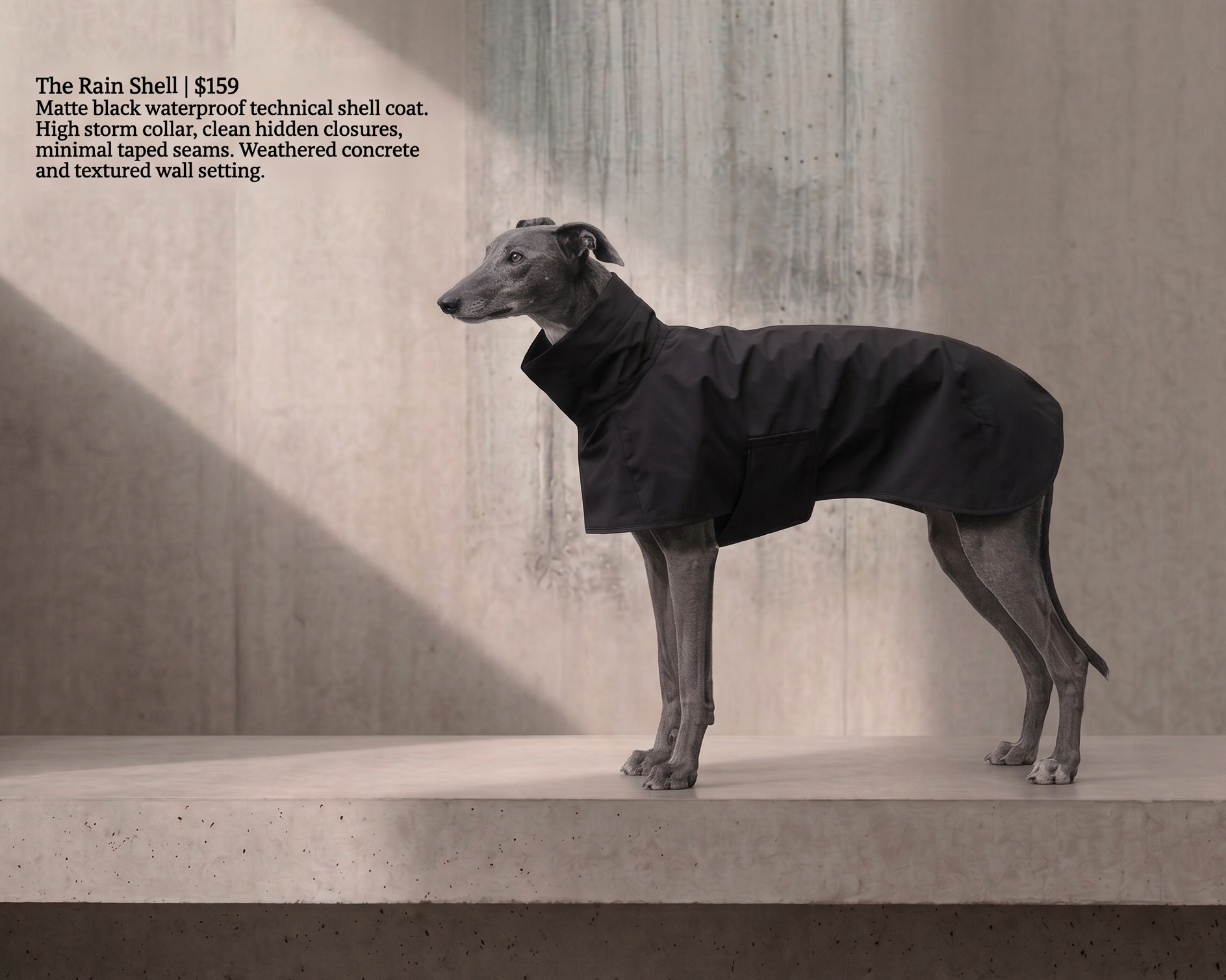 A greyhound dog wearing a black waterproof shell coat stands on a concrete platform against a textured concrete wall, with product text visible in the upper left.
